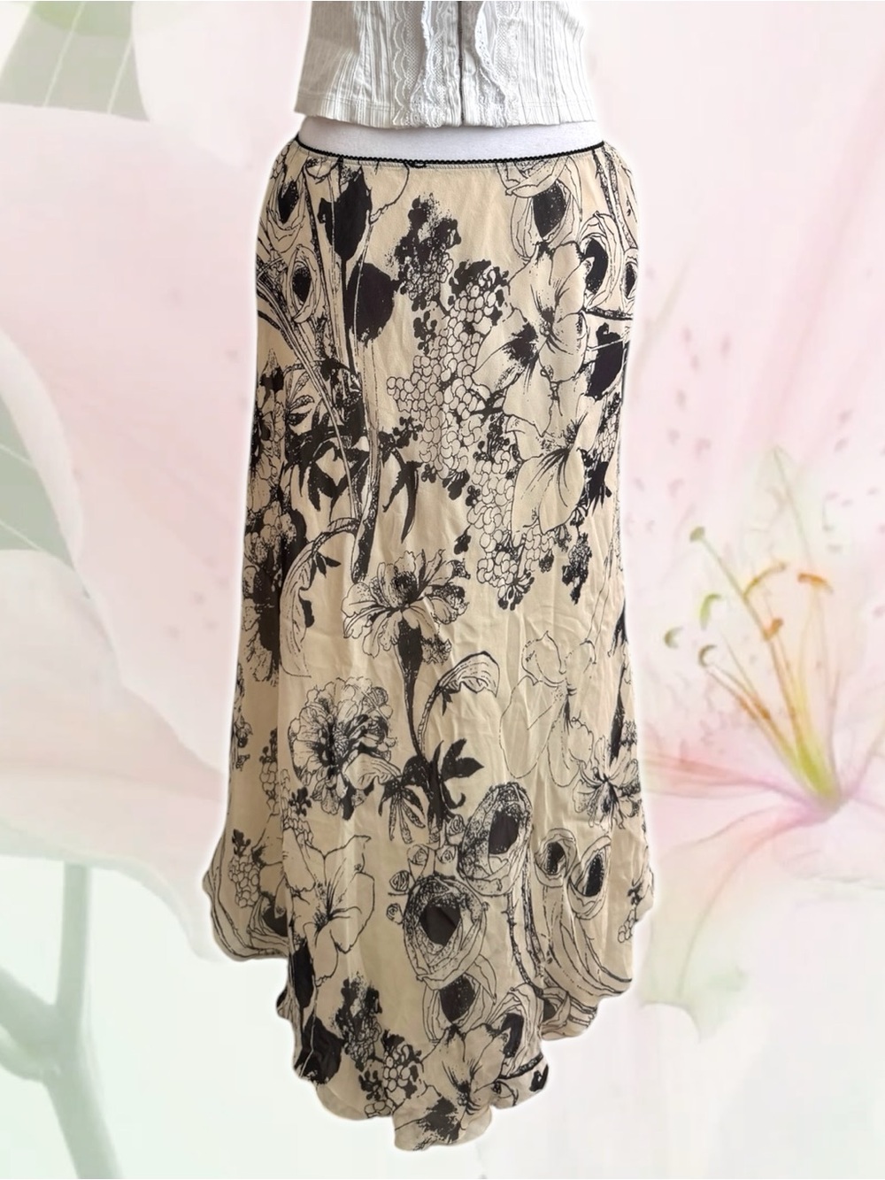 Jacques Vert Silk Floral Botanical Midi Skirt (Size 12)